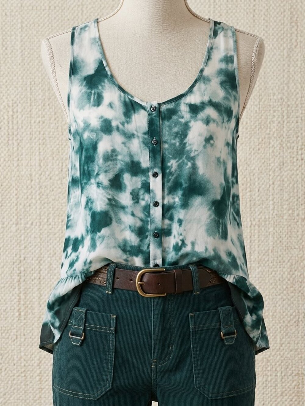 Lily White Top Women's Size Medium Green Tie Dye High Low Hem Sleeveless NWT